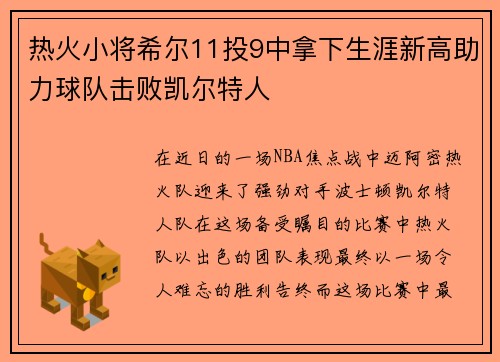 热火小将希尔11投9中拿下生涯新高助力球队击败凯尔特人