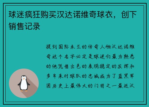 球迷疯狂购买汉达诺维奇球衣，创下销售记录
